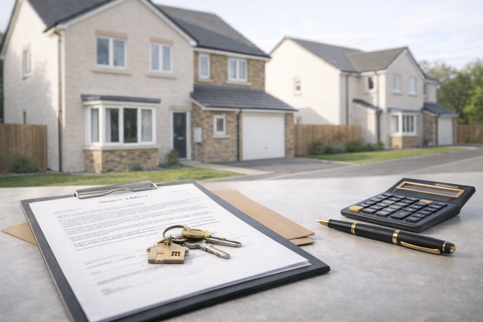 Buy-to-let property finance desk with rental property and keys