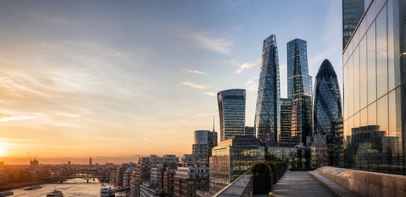 City commercial office buildings at sunset