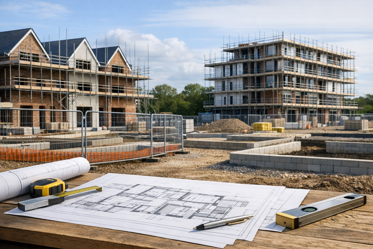 Property development site with construction, land and project plans