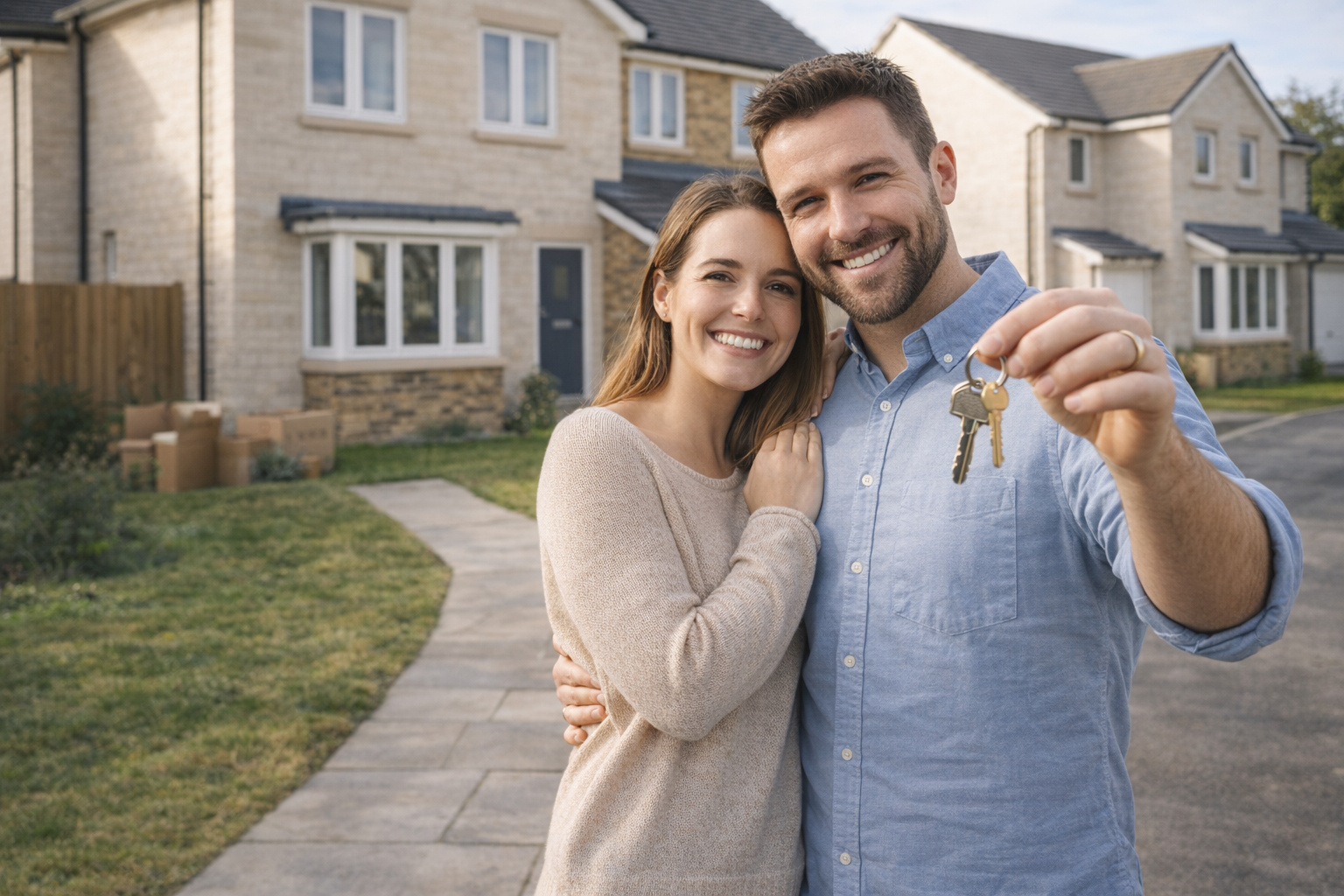 Newlywed couple outside a new home with keys